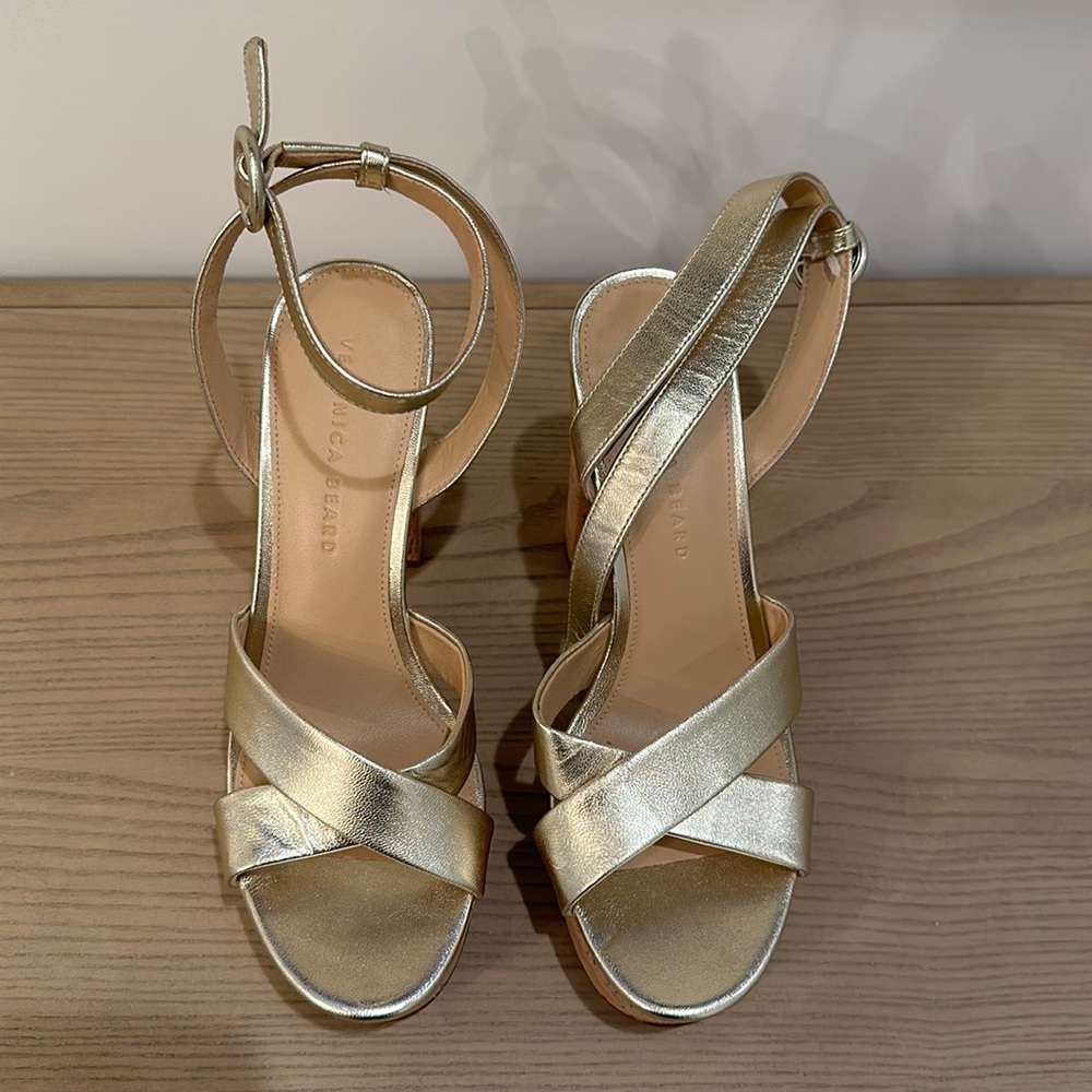 Gold metallic ankle strap Veronica Beard cork heels
